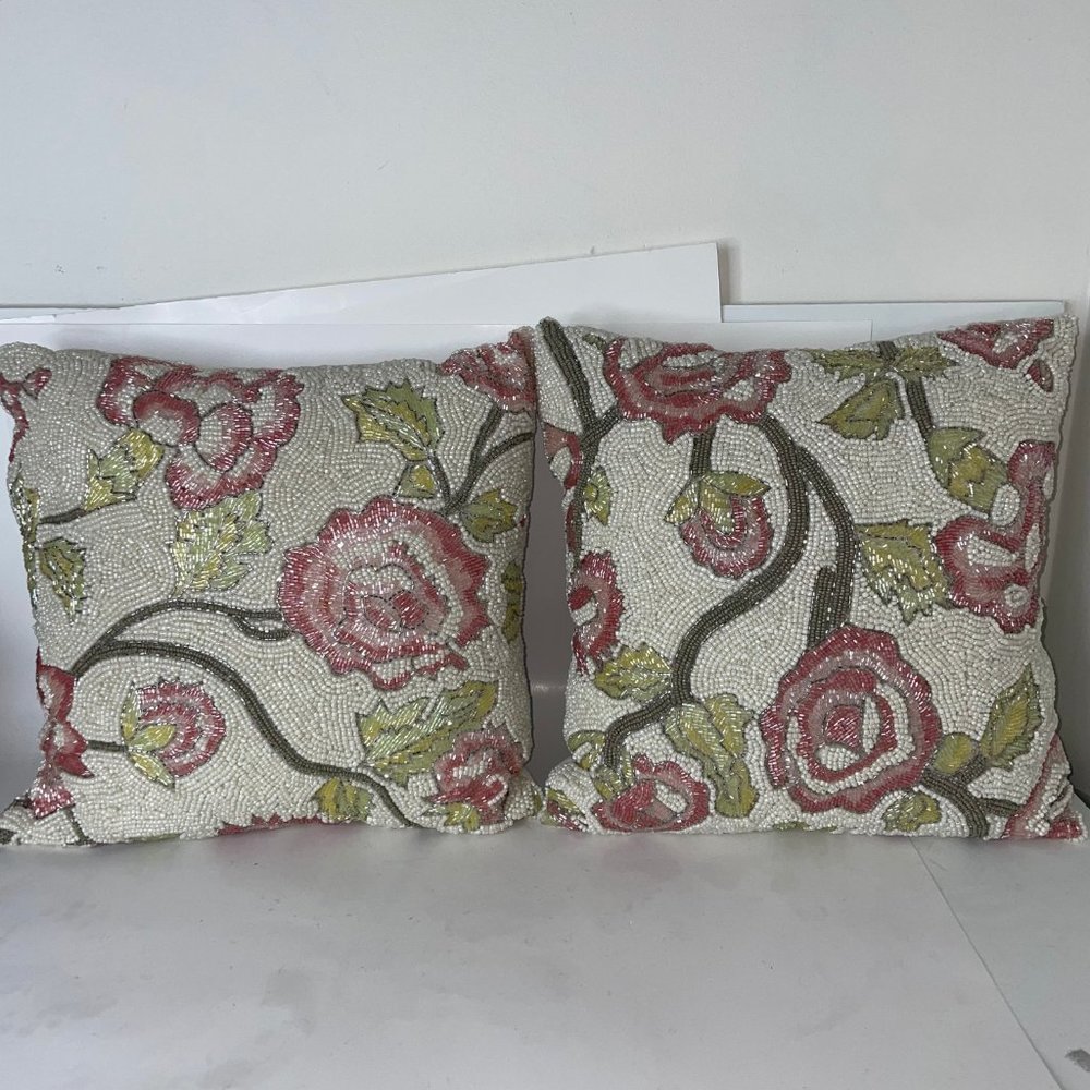 PRIMROSE VINTAGE Set of 2 Floral Pink Rose Beaded 12” Throw Decorative Pillows - Picture 6 of 15